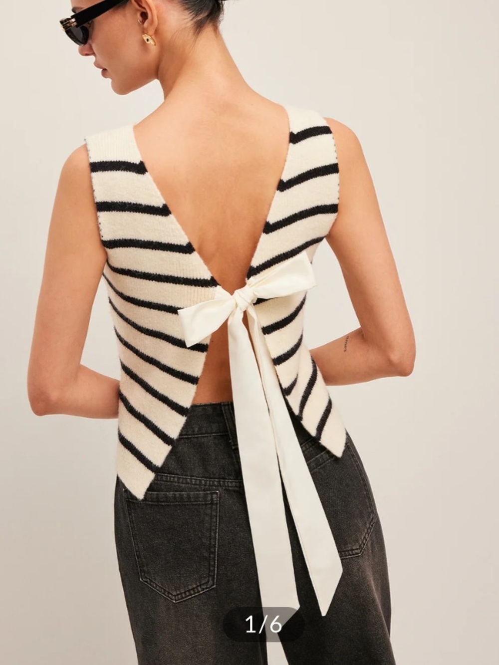 Commense Satin Bow Tie Back Detail Striped Sweater Vest in Black & White Medium